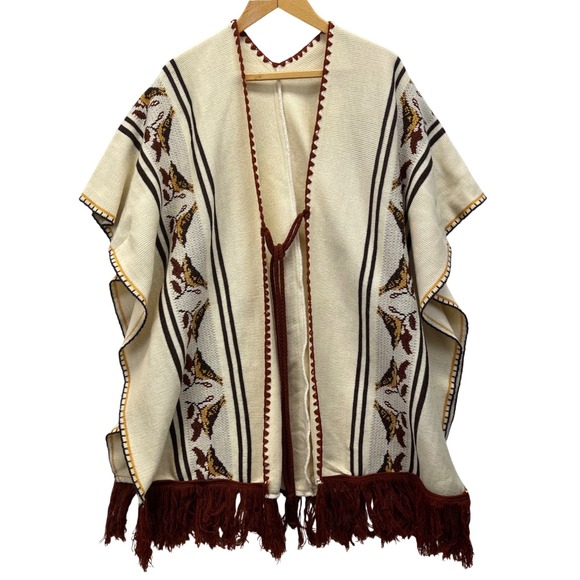 Jackets & Blazers - Vintage 70s Sweater Poncho Serape Womens OS Cream Brown Fringe Tie Front Cape